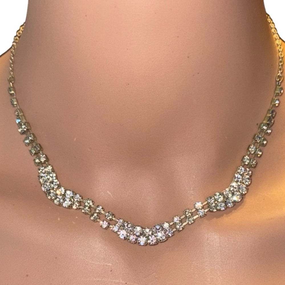 Vintage Silvertone Rhinestone Necklace Double Row Adjustable 15–17” Bridal Prom